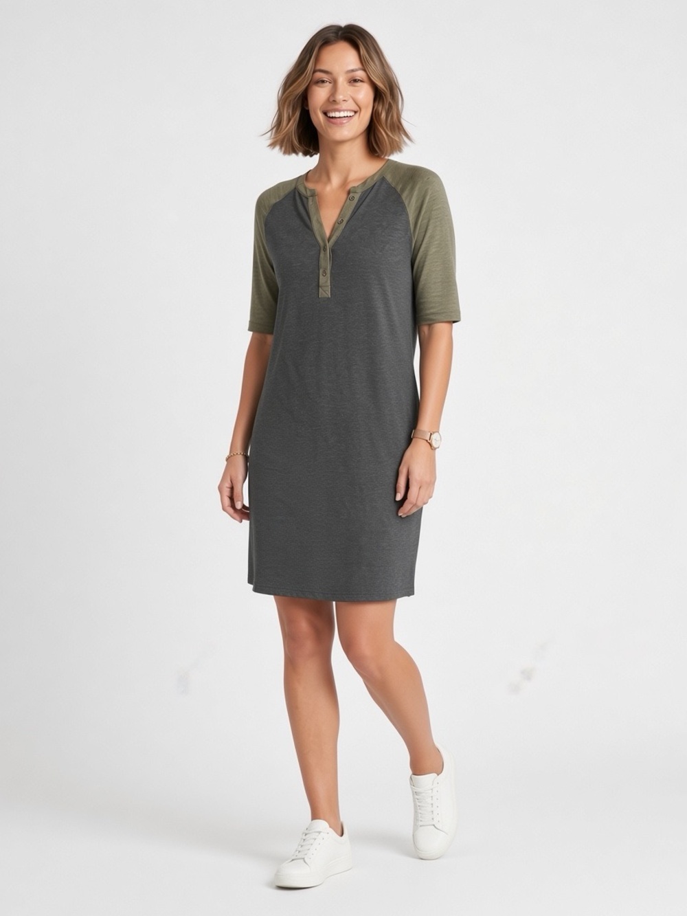 Prana Charcoal Henley Dress with Olive Accent. Small.